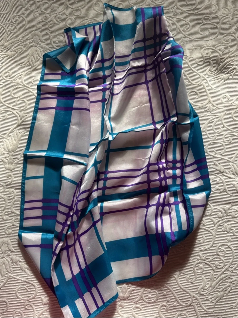 Silk-Feel Plaid Scarf in Teal, Purple & White